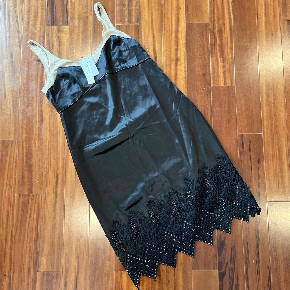 New NWT Laundry By Design Black Slip Dress Satin Lace Trim V-Neck Size‎ Petite 8